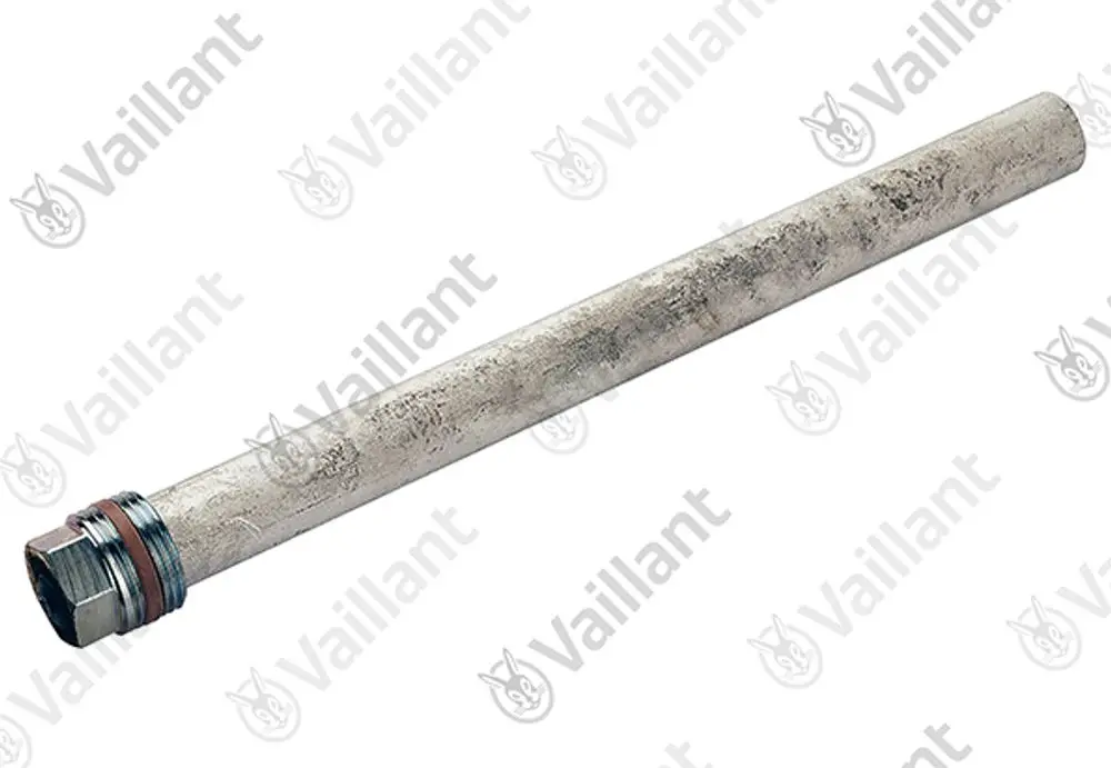 Vaillant-Anode in zylindrischer Form mit einem Außengewinde an einem Ende, sichtbar rostfreies Material und flexibles Design für Installation.